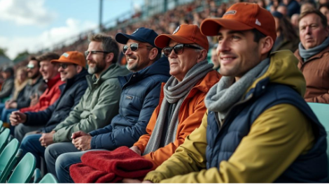 Fans at a stadium in warm attire